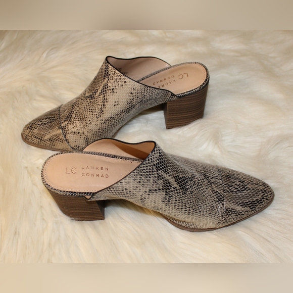 LC Tan Faux Leather Anima Snake Print Pointed Toe Chunky Block Heel Mules Shoes - Picture 8 of 12